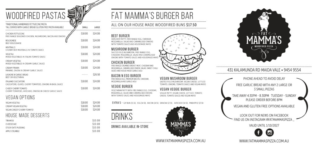 Fat Mamma's Pizza menu 2026: burger bar, woodfired pastas, desserts, opening hours and contact details