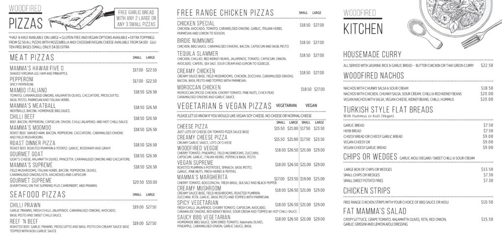 Fat Mamma's Pizza menu 2026: meat, seafood, chicken, vegetarian and vegan pizzas, curry, nachos, flat breads, chips and salad with prices